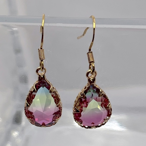 Handmade Pink Green Glass Gold Trim Teardrop with 18k hooks Earrings - Picture 1 of 2